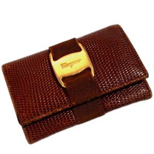Salvatore Ferragamo Brown Vara Bow 6-Key Holder Case Gold Clasp Textured Leather